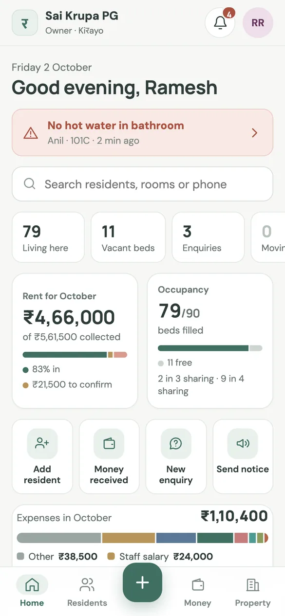 Kirayo owner app home screen